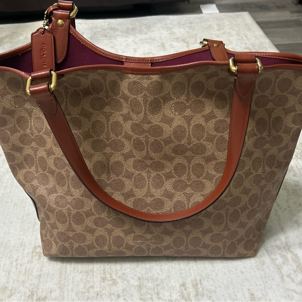Coach Signature Canvas Tote with Brown Leather and Red Interior - Picture 2 of 6